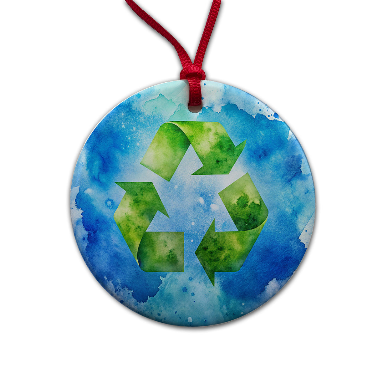 Green Recycle Symbol On A Blue Background Watercolor Round Ceramic Holiday Christmas Tree Ornament