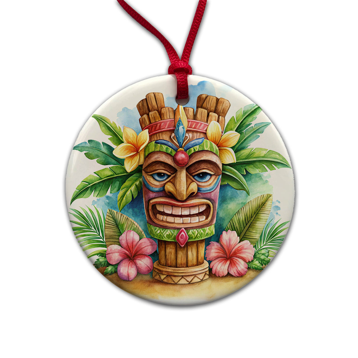Hawaiian Tiki Statue Watercolor Round Ceramic Holiday Christmas Tree Ornament