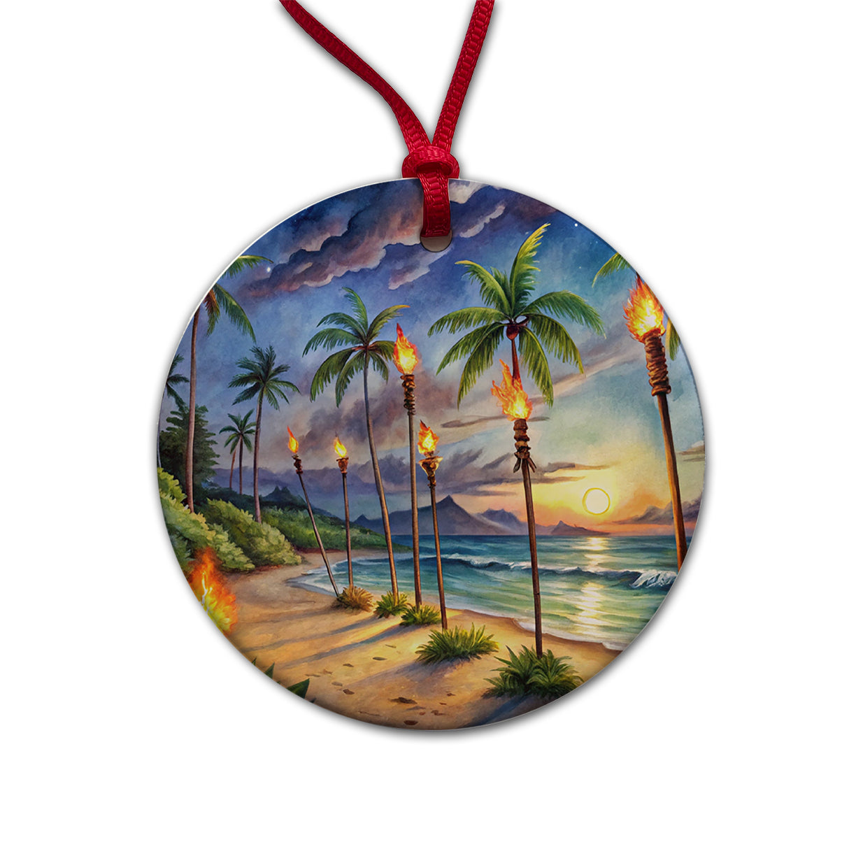 Hawaiian Tropical Beach Scene At Night Lit With Tiki Torches Round Ceramic Holiday Christmas Tree Ornament