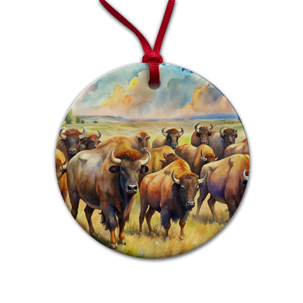 Herd Of Buffalo Bison On The Prairie Watercolor Round Ceramic Holiday Christmas Tree Ornament