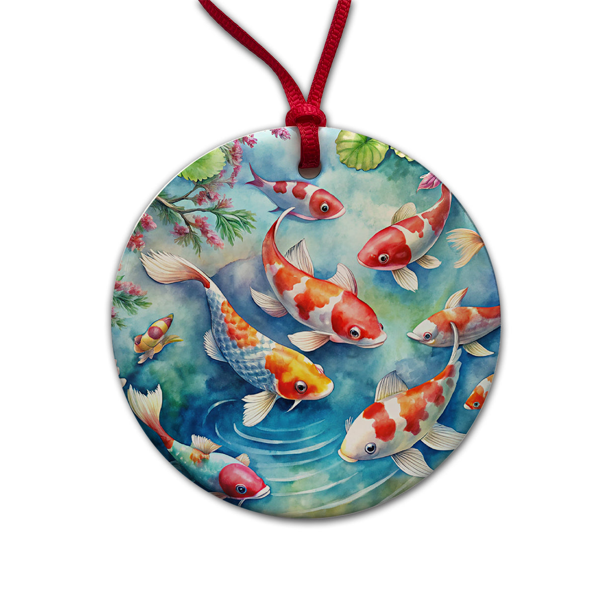 Japanese Koi Pond Scene Watercolor Round Ceramic Holiday Christmas Tree Ornament