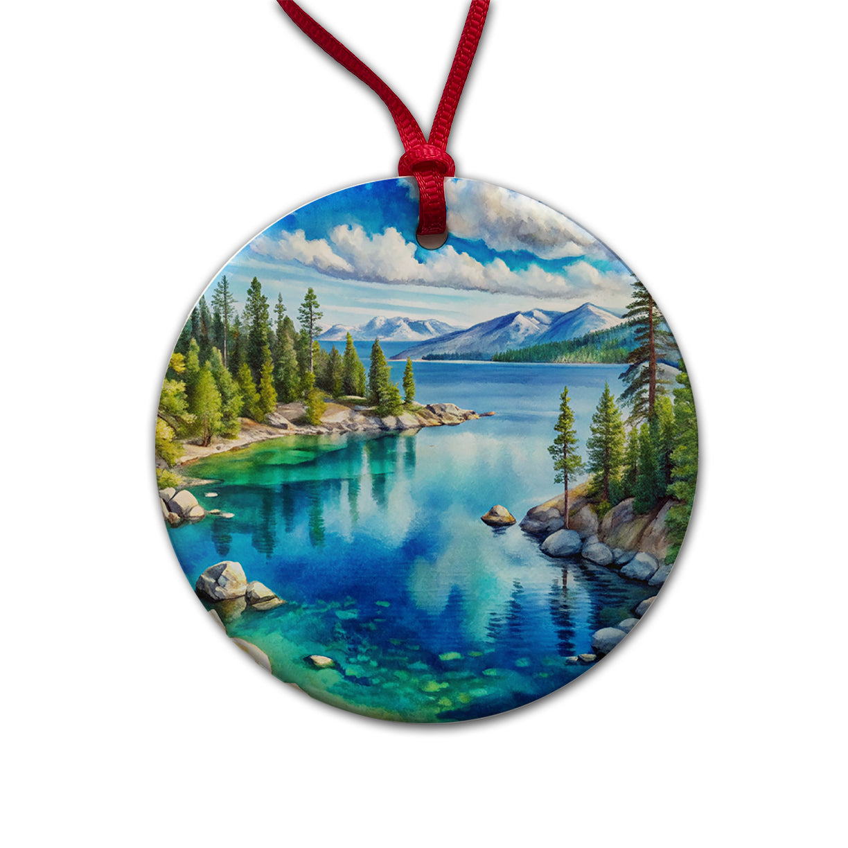 Lake Tahoe California Watercolor Round Ceramic Holiday Christmas Tree Ornament