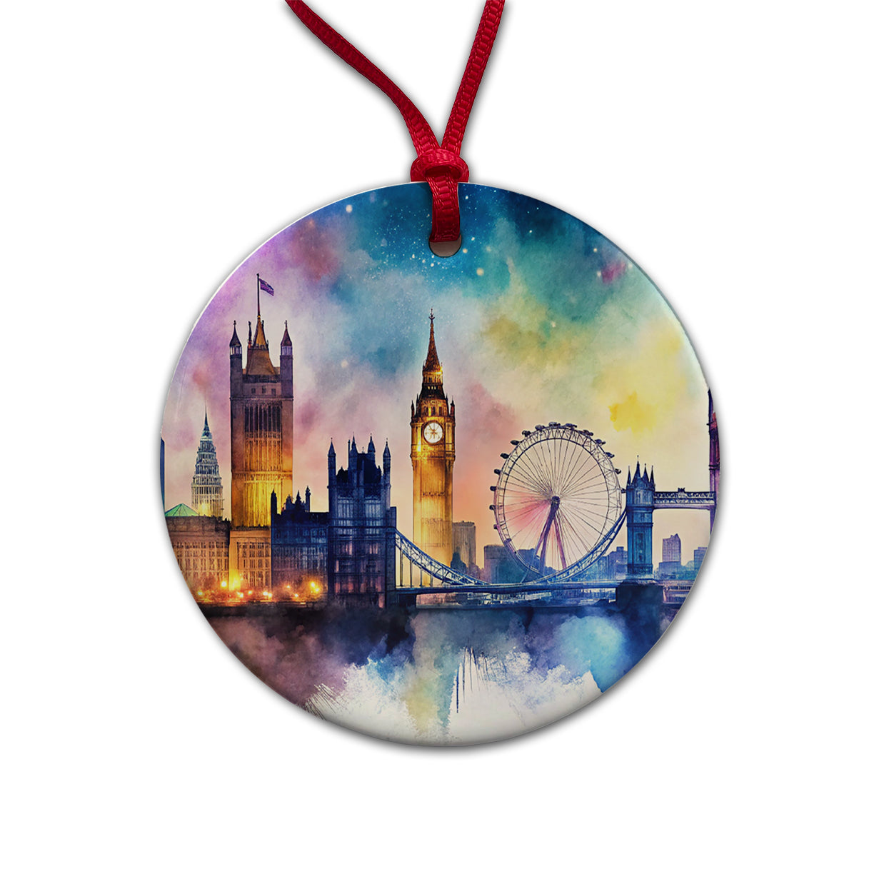 London Skyline At Night Scene Watercolor Round Ceramic Holiday Christmas Tree Ornament