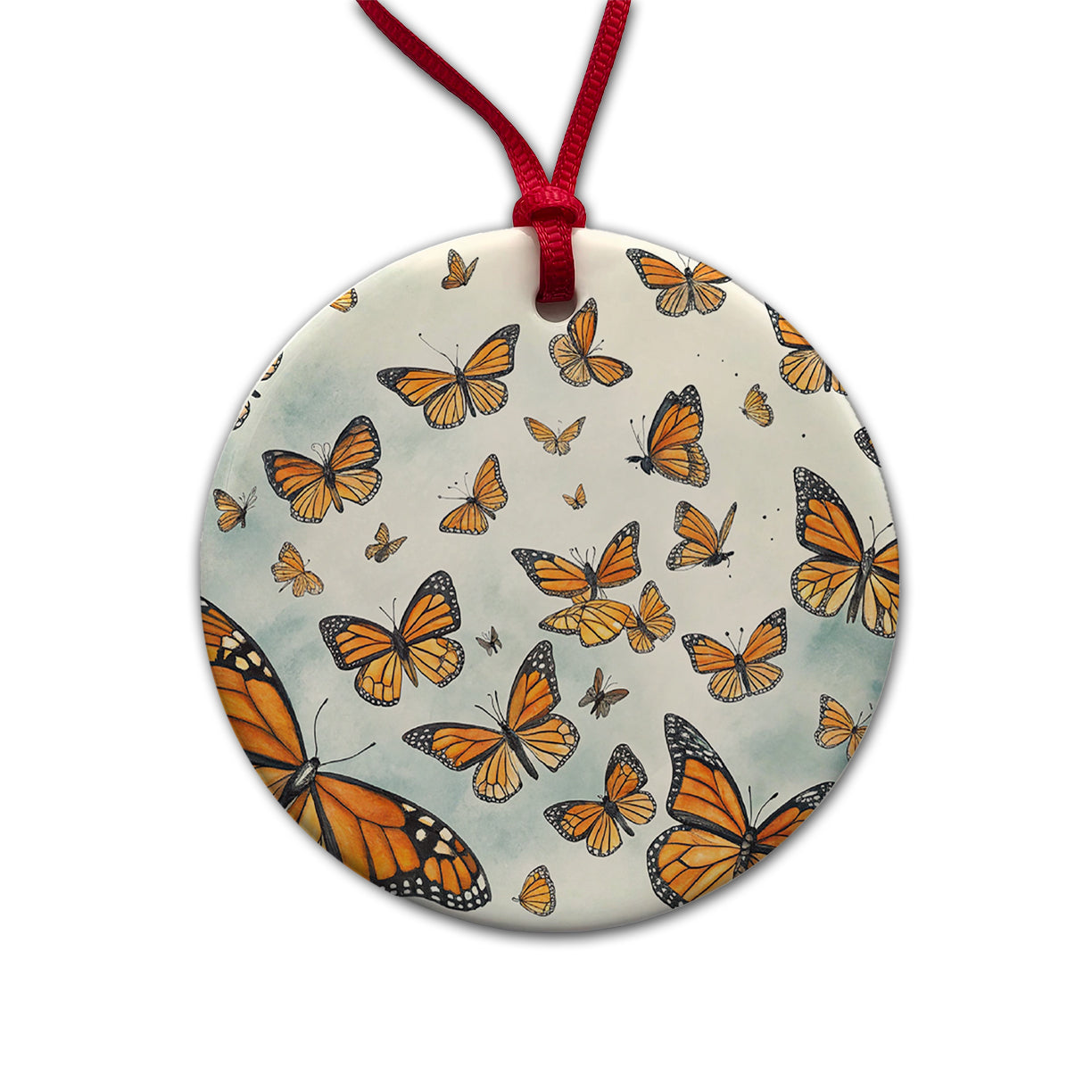 Lots Of Monarch Butterflies in Flight Round Ceramic Holiday Christmas Tree Ornament