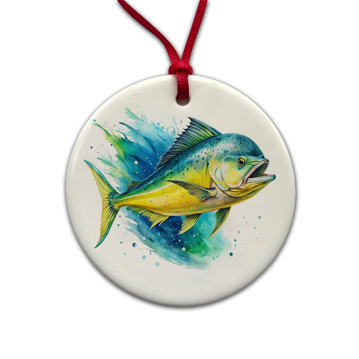 Mahi Mahi Fish Watercolor Round Ceramic Holiday Christmas Tree Ornament