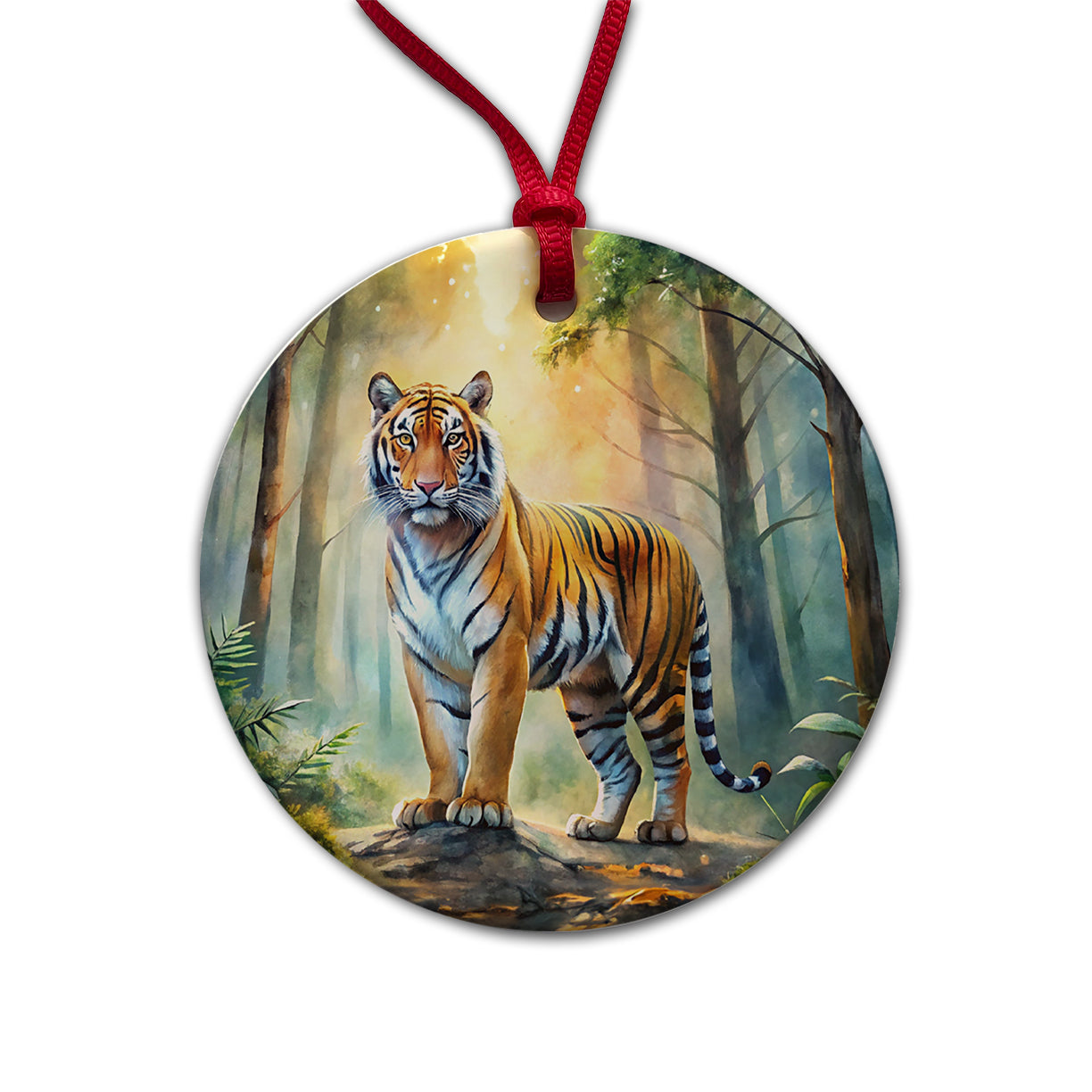 Majestic Tiger Standing In Forest Watercolor Round Ceramic Holiday Christmas Tree Ornament