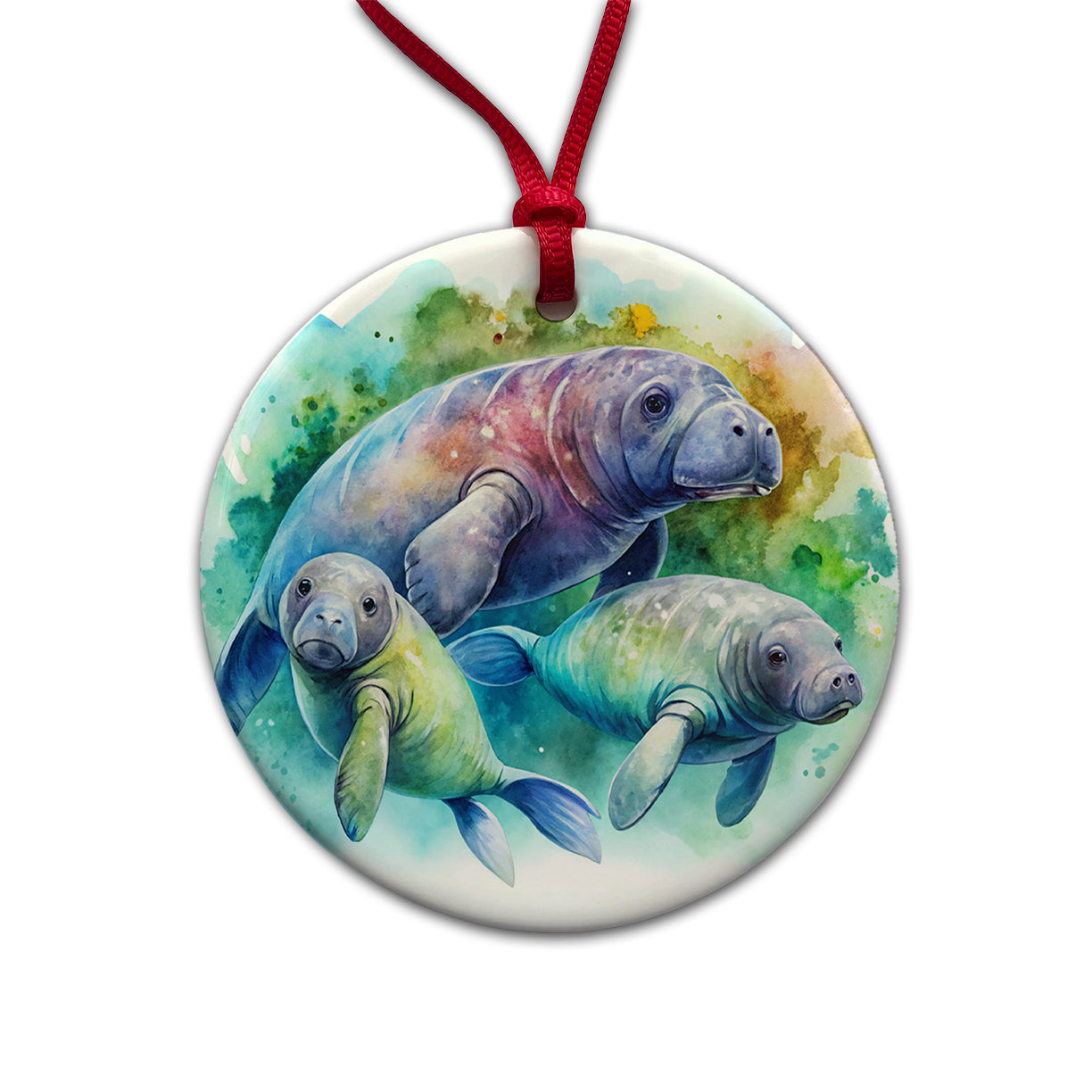 Manatees Family Watercolor Round Ceramic Holiday Christmas Tree Ornament