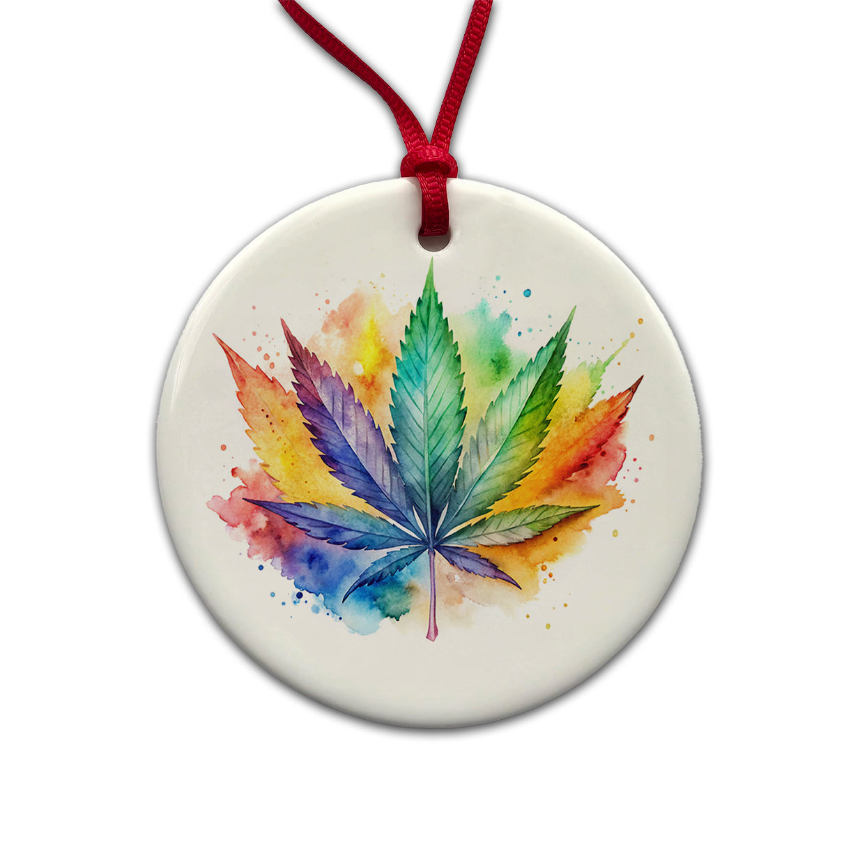 Marijuana Leaf Rainbow Watercolor Round Ceramic Holiday Christmas Tree Ornament