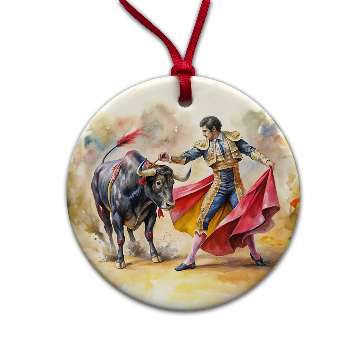 Matador And Bull Fighting In Ring Watercolor Round Ceramic Holiday Christmas Tree Ornament