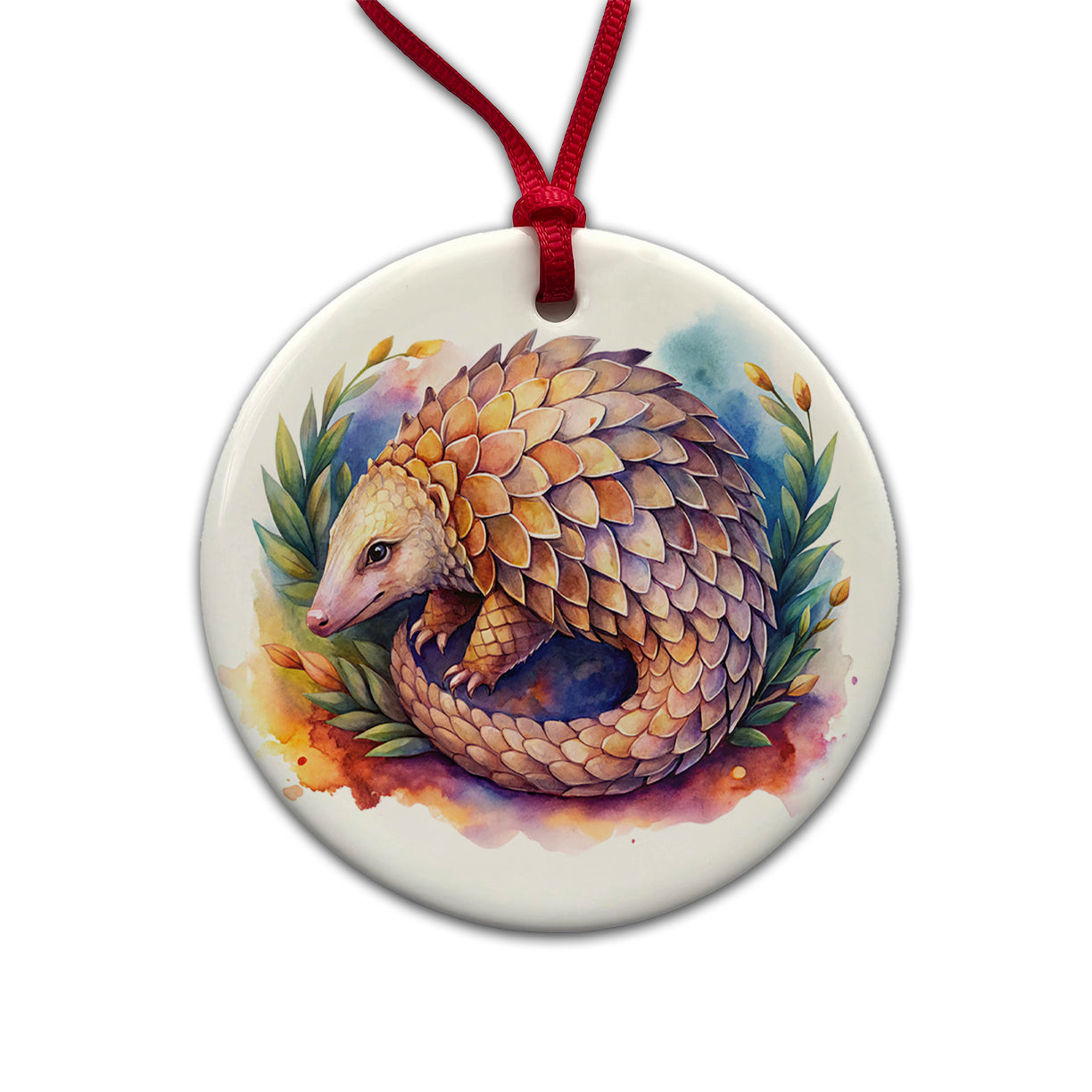 Pangolin Watercolor Round Ceramic Holiday Christmas Tree Ornament