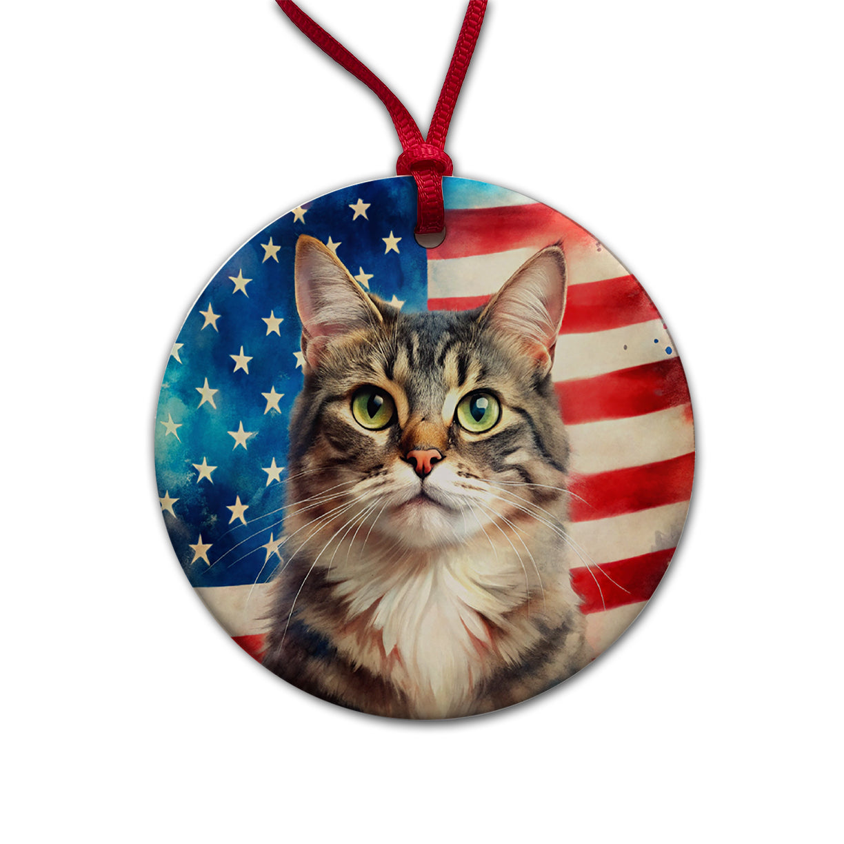 Patriotic Cat Watercolor American Flag Background Round Ceramic Holiday Christmas Tree Ornament
