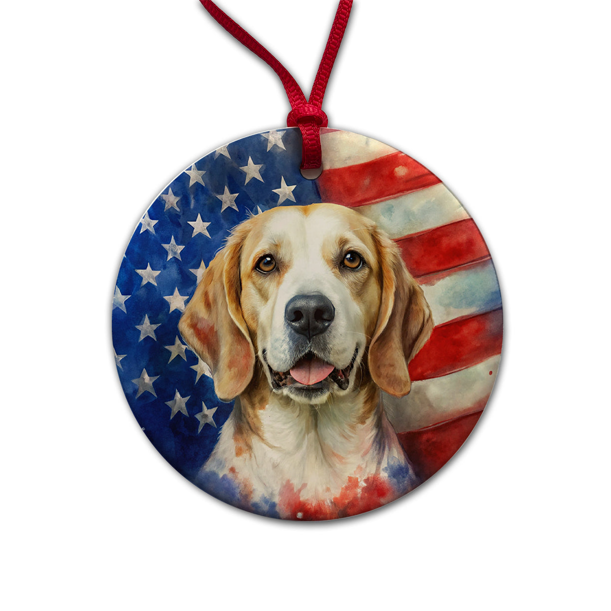 Patriotic Dog Watercolor American Flag Background Round Ceramic Holiday Christmas Tree Ornament