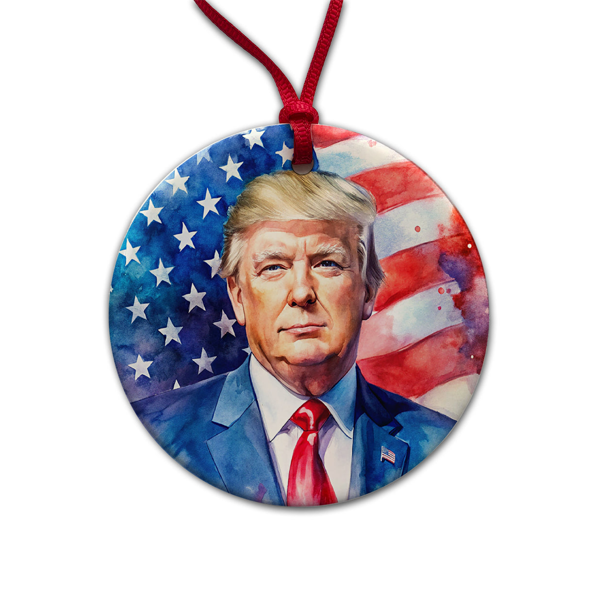 Patriotic Donald Trump American Flag Background Watercolor Round Ceramic Holiday Christmas Tree Ornament