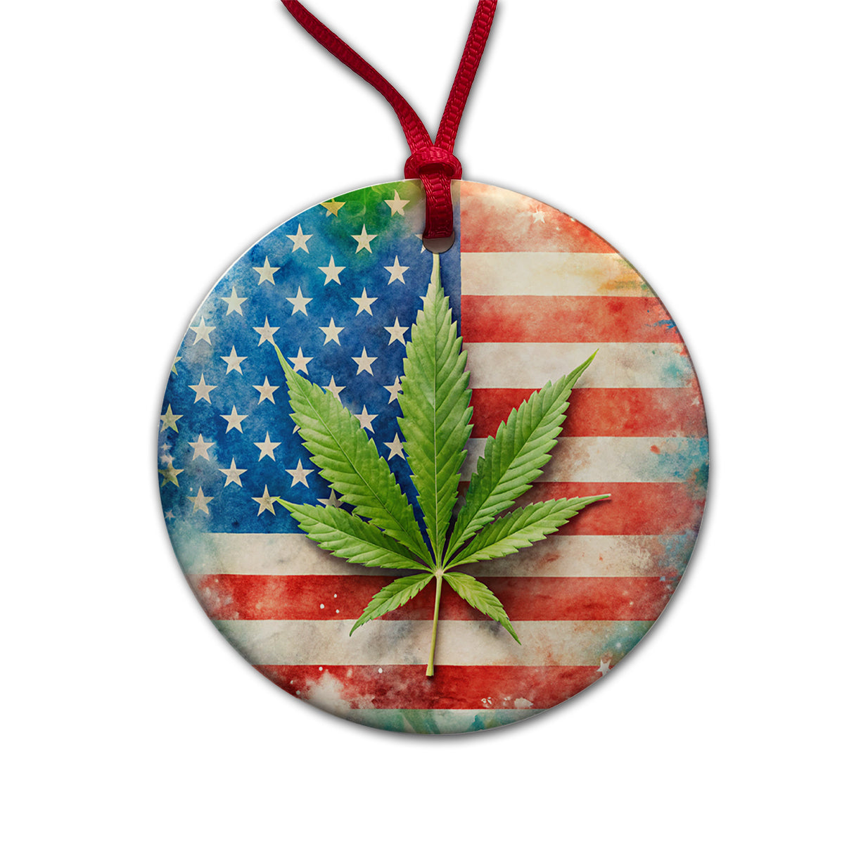 Patriotic Marijuana Leaf on American Flag Background Round Ceramic Holiday Christmas Tree Ornament