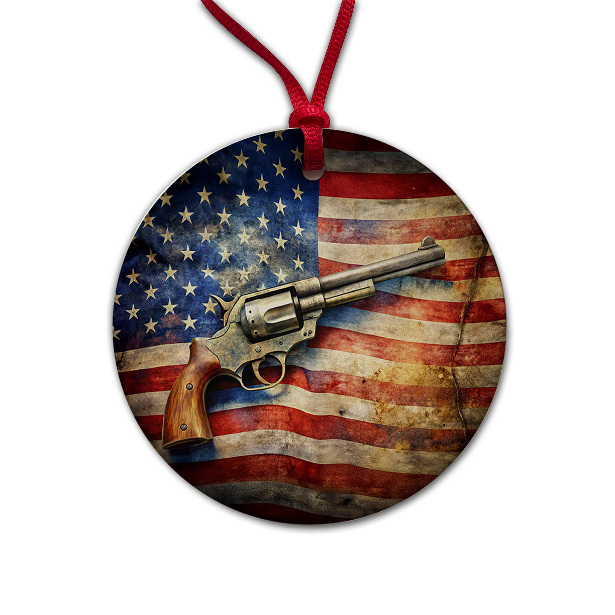 Patriotic Western Revolver With American Flag 2nd Amendment Watercolor Round Ceramic Holiday Christmas Tree Ornament