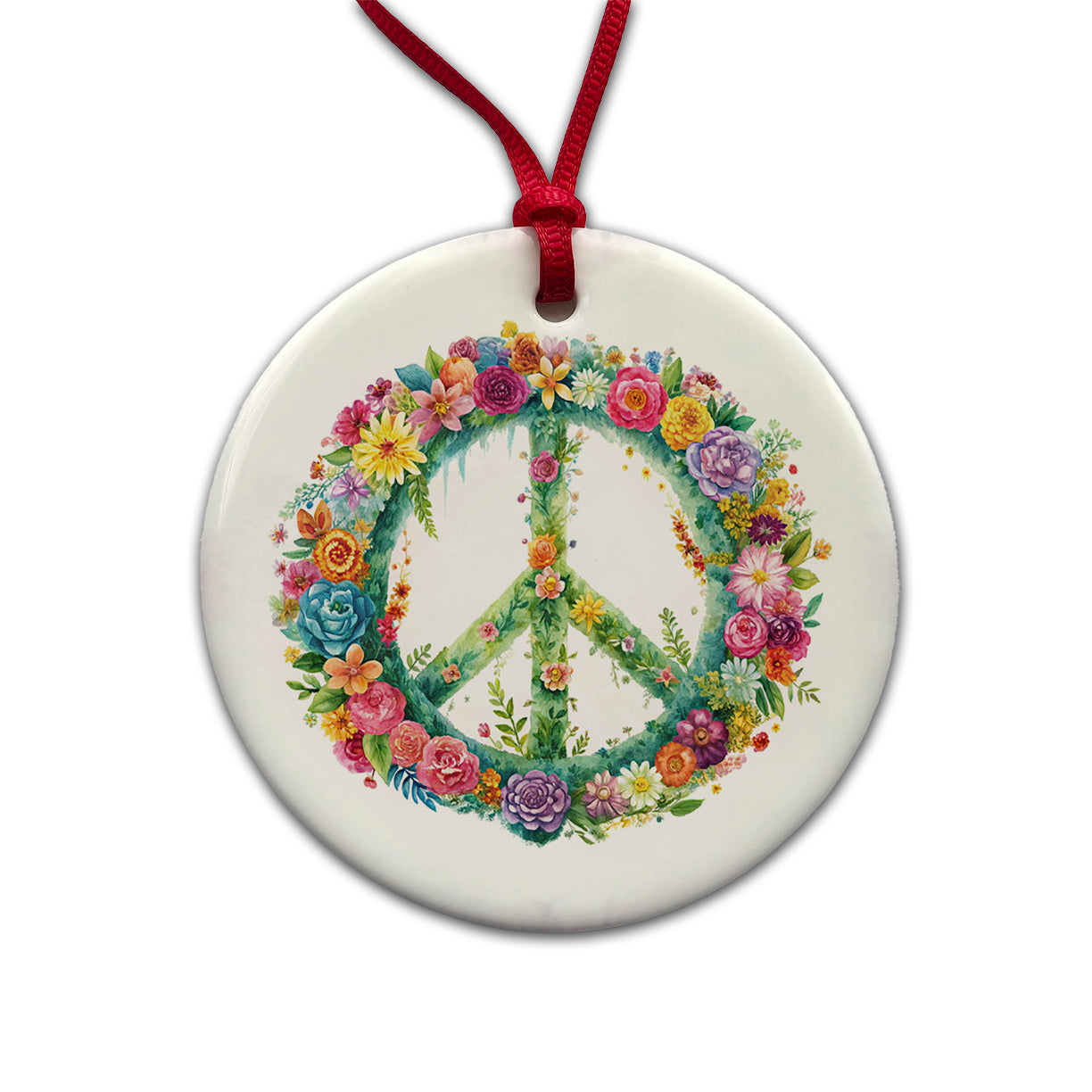 Peace Symbol Floral Watercolor Round Ceramic Holiday Christmas Tree Ornament