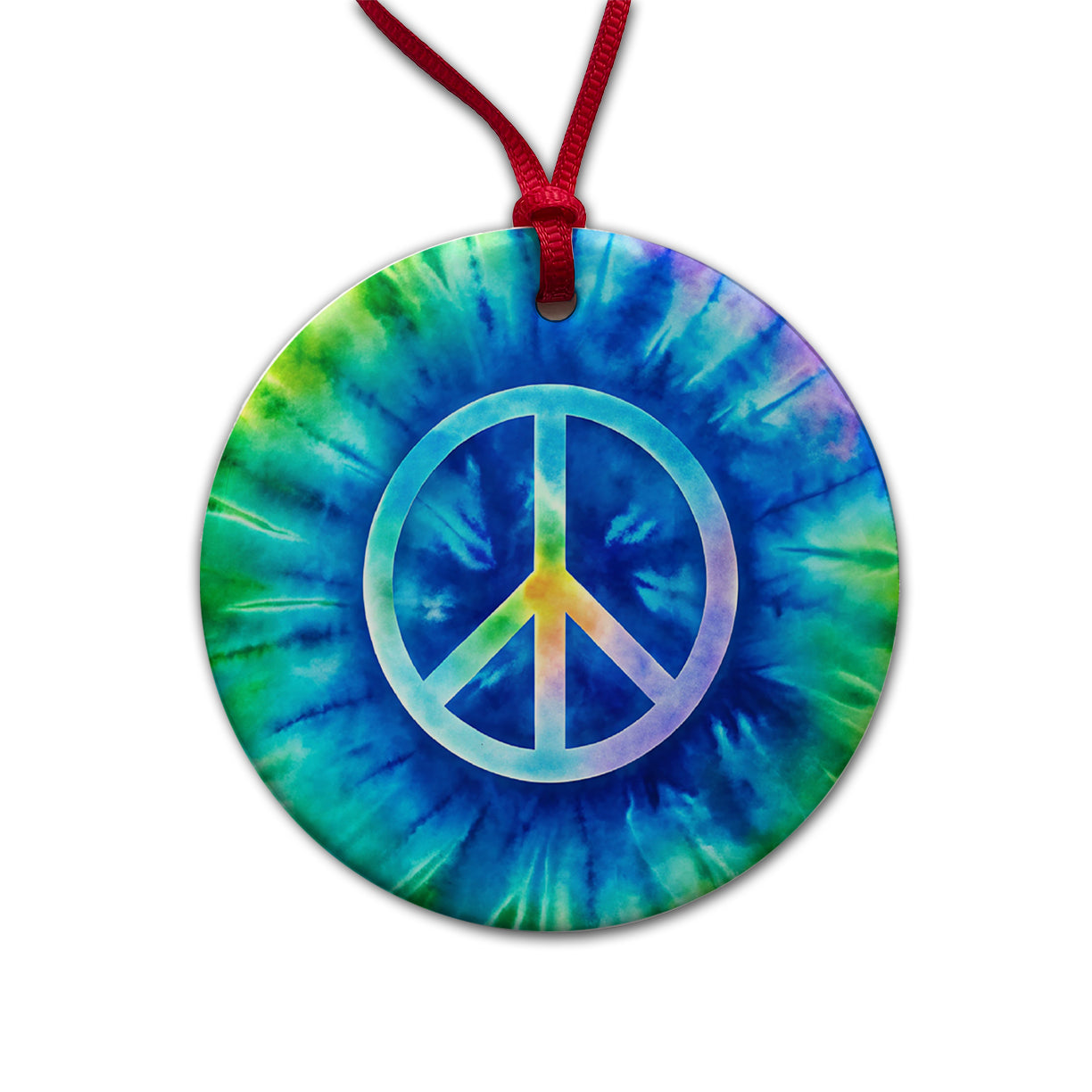 Peace Symbol Rainbow Hippie Tie Dye Background Round Ceramic Holiday Christmas Tree Ornament