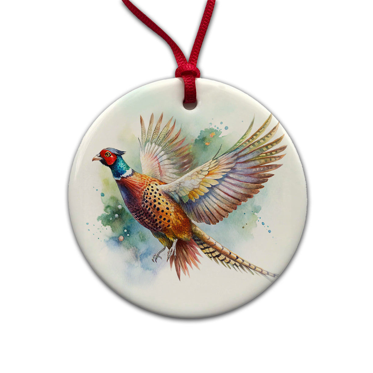 Pheasant In Flight Watercolor Round Ceramic Holiday Christmas Tree Ornament