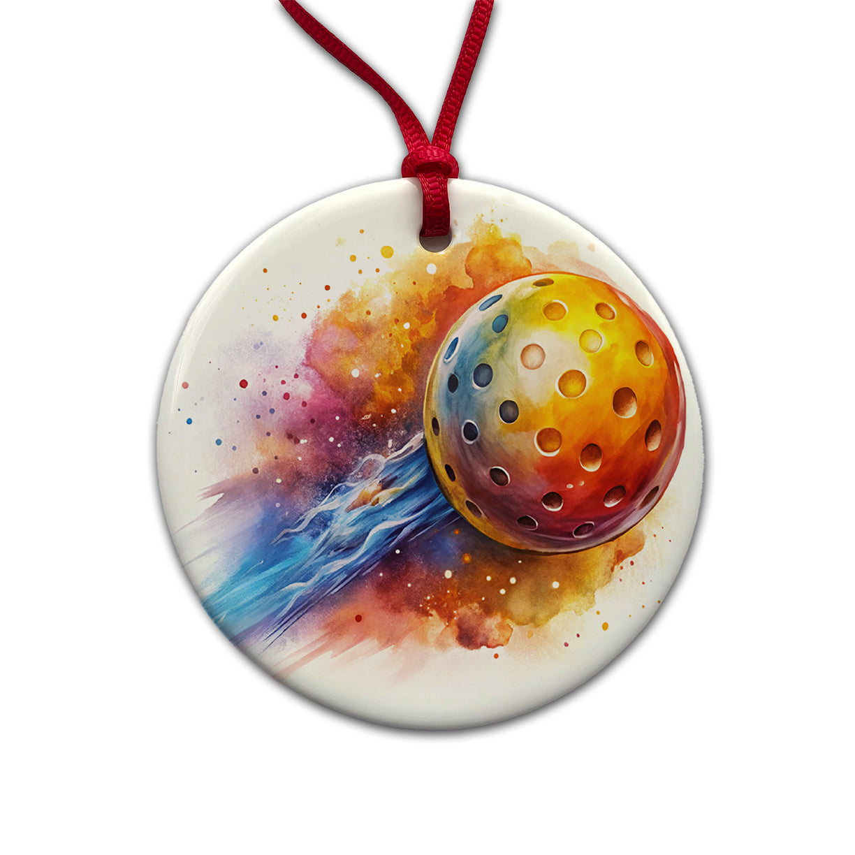 Pickleball Ball Rocketing Through The Air Watercolor Round Ceramic Holiday Christmas Tree Ornament