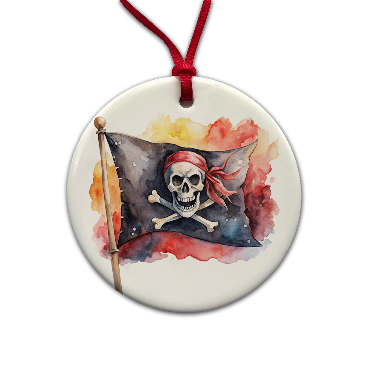 Pirate Jolly Roger Skull Crossbones Flag Watercolor Round Ceramic Holiday Christmas Tree Ornament