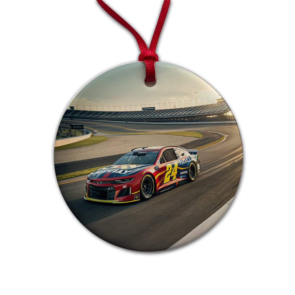 Racing Car Track Round Ceramic Holiday Christmas Tree Ornament