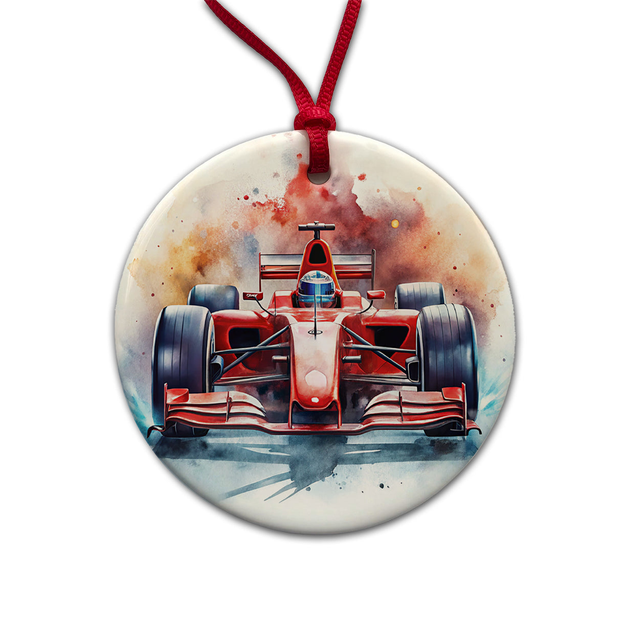 Red Sports Racing Car Watercolor Round Ceramic Holiday Christmas Tree Ornament