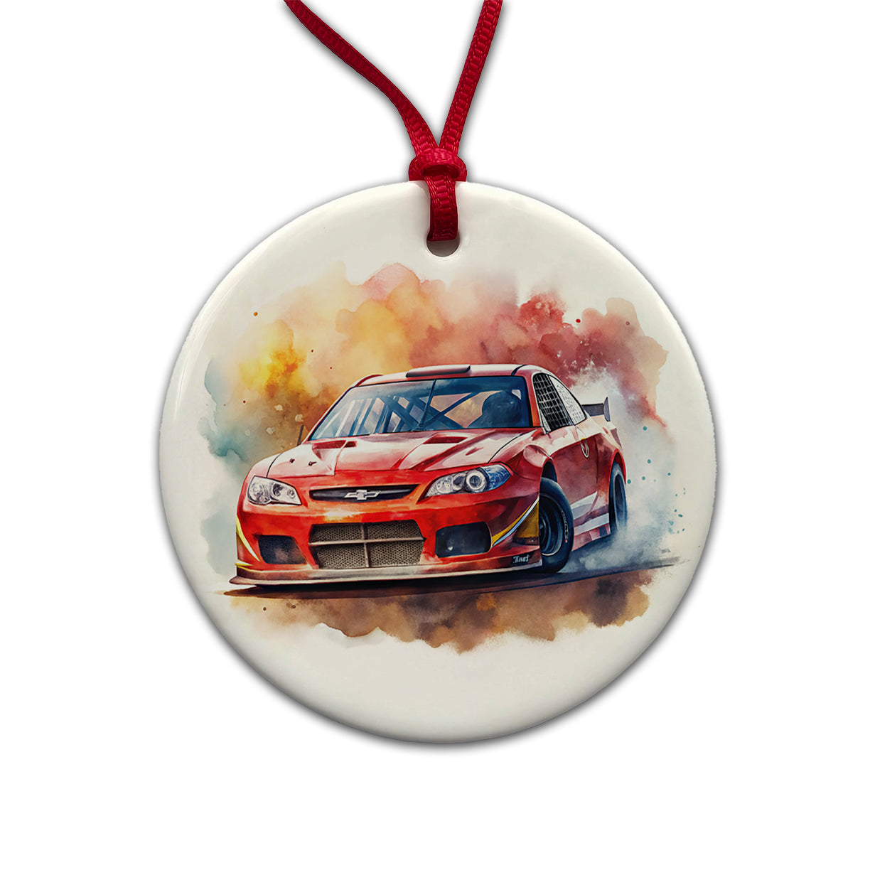 Red Stock Racing Car Watercolor Round Ceramic Holiday Christmas Tree Ornament