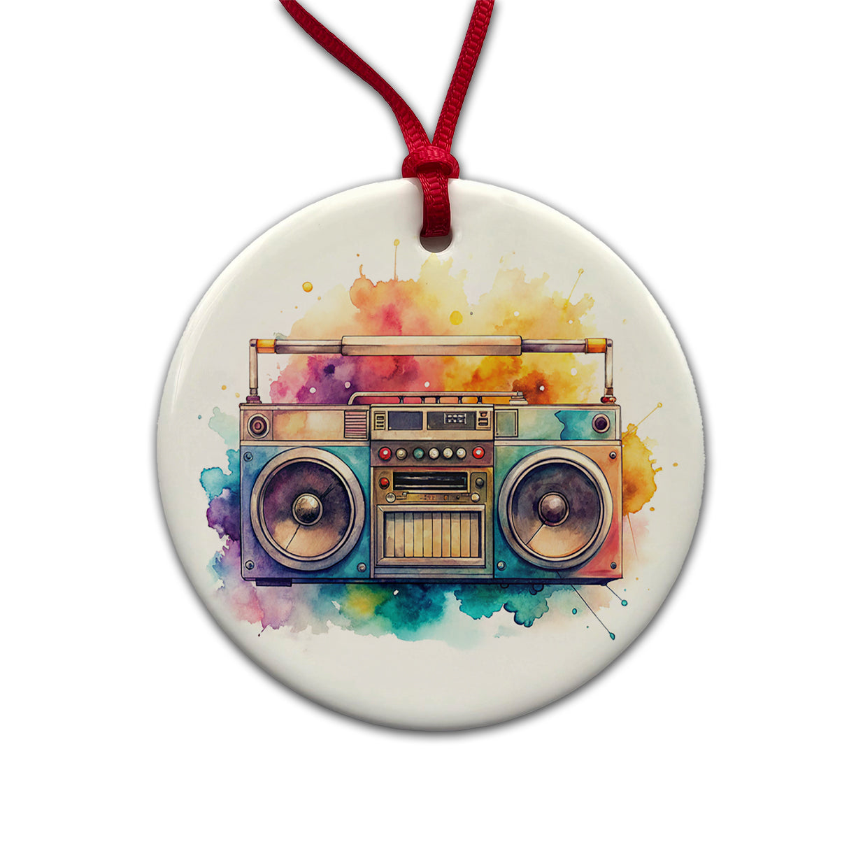 Retro Boom Box Radio Cassette Player Watercolor Round Ceramic Holiday Christmas Tree Ornament