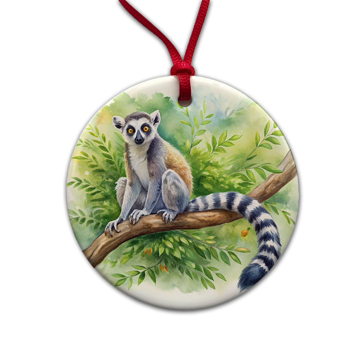 Ring-Tailed Lemur In Tree Watercolor Round Ceramic Holiday Christmas Tree Ornament