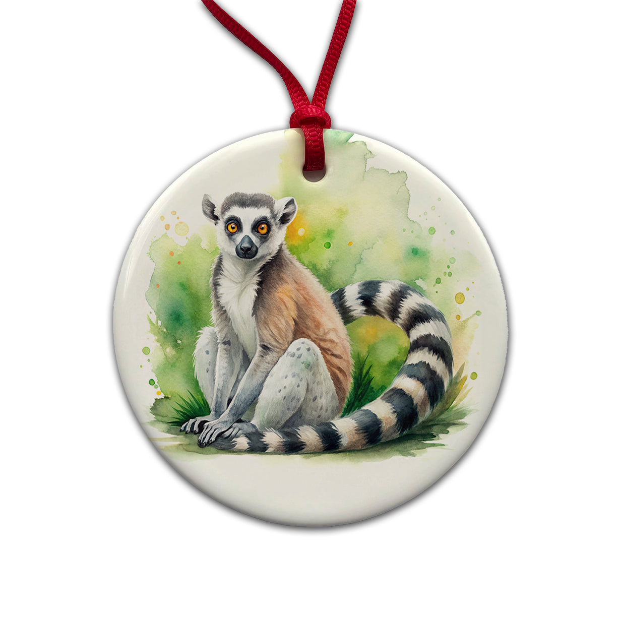 Ring-Tailed Lemur Watercolor Round Ceramic Holiday Christmas Tree Ornament