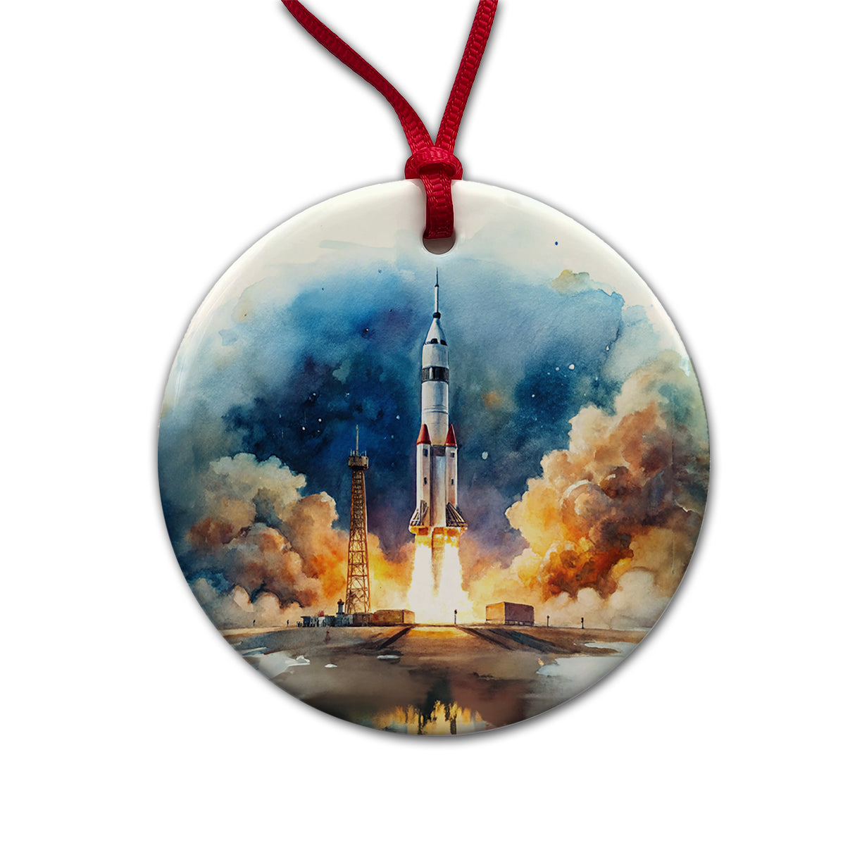 Rocket Spaceship Launch Sci-fi Watercolor Round Ceramic Holiday Christmas Tree Ornament