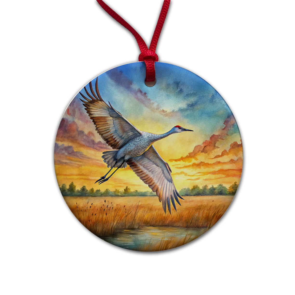 Sandhill Crane In Flight At Sunset Watercolor Round Ceramic Holiday Christmas Tree Ornament