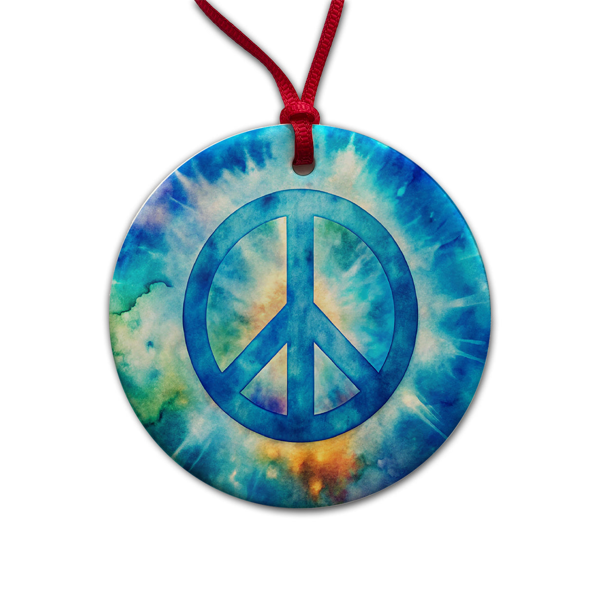Solid Blue Peace Symbol Tie Dye Background Hippie Watercolor Round Ceramic Holiday Christmas Tree Ornament