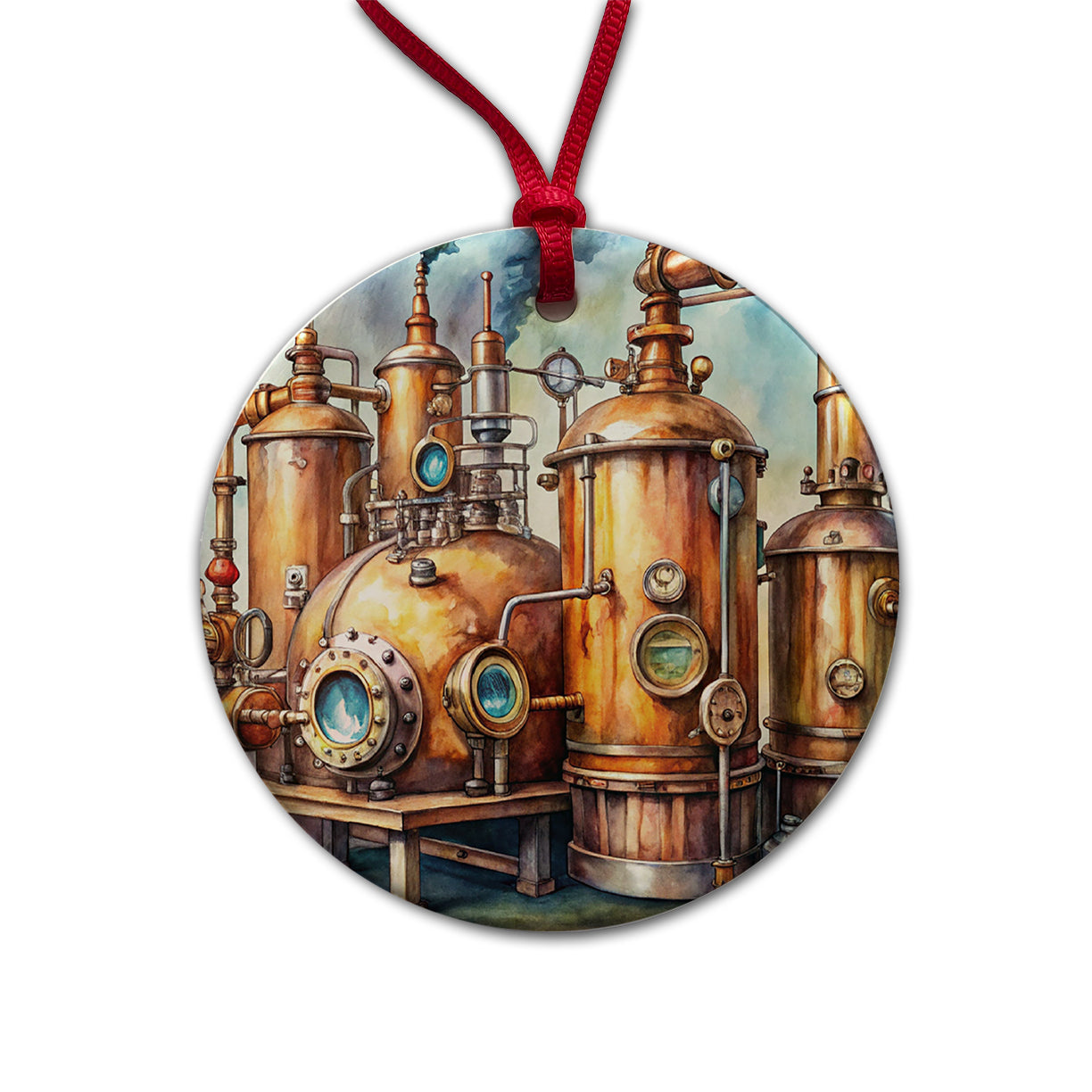 Steampunk Beer Alcohol Still Pipes And Gauges Round Ceramic Holiday Christmas Tree Ornament