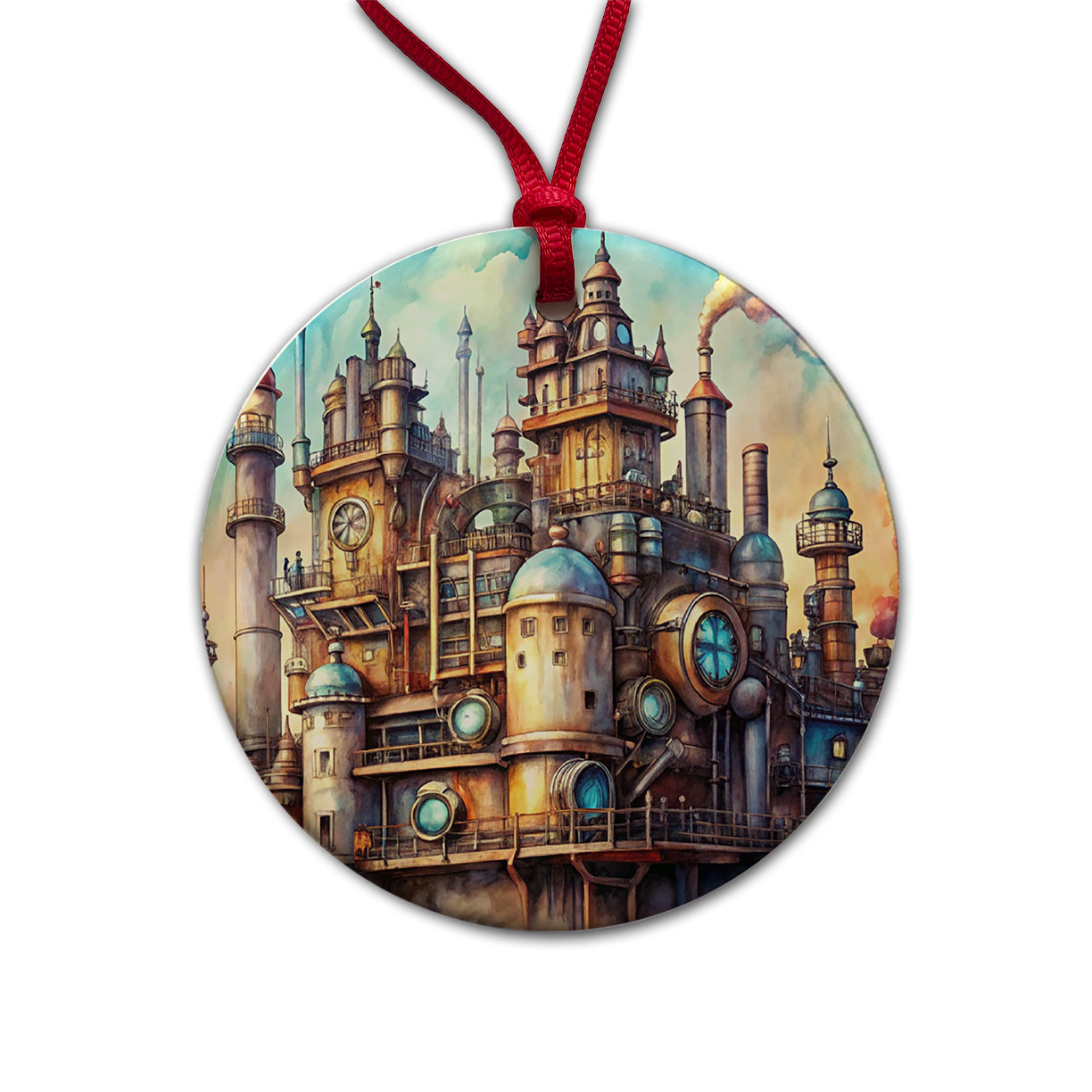 Steampunk Castle City Fantasy Sci-fi Round Ceramic Holiday Christmas Tree Ornament