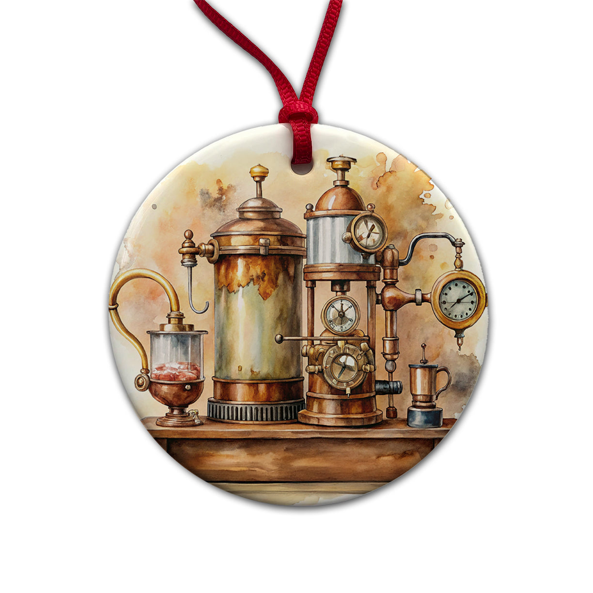 Steampunk Coffee Maker Fantasy Sci-fi Watercolor Round Ceramic Holiday Christmas Tree Ornament