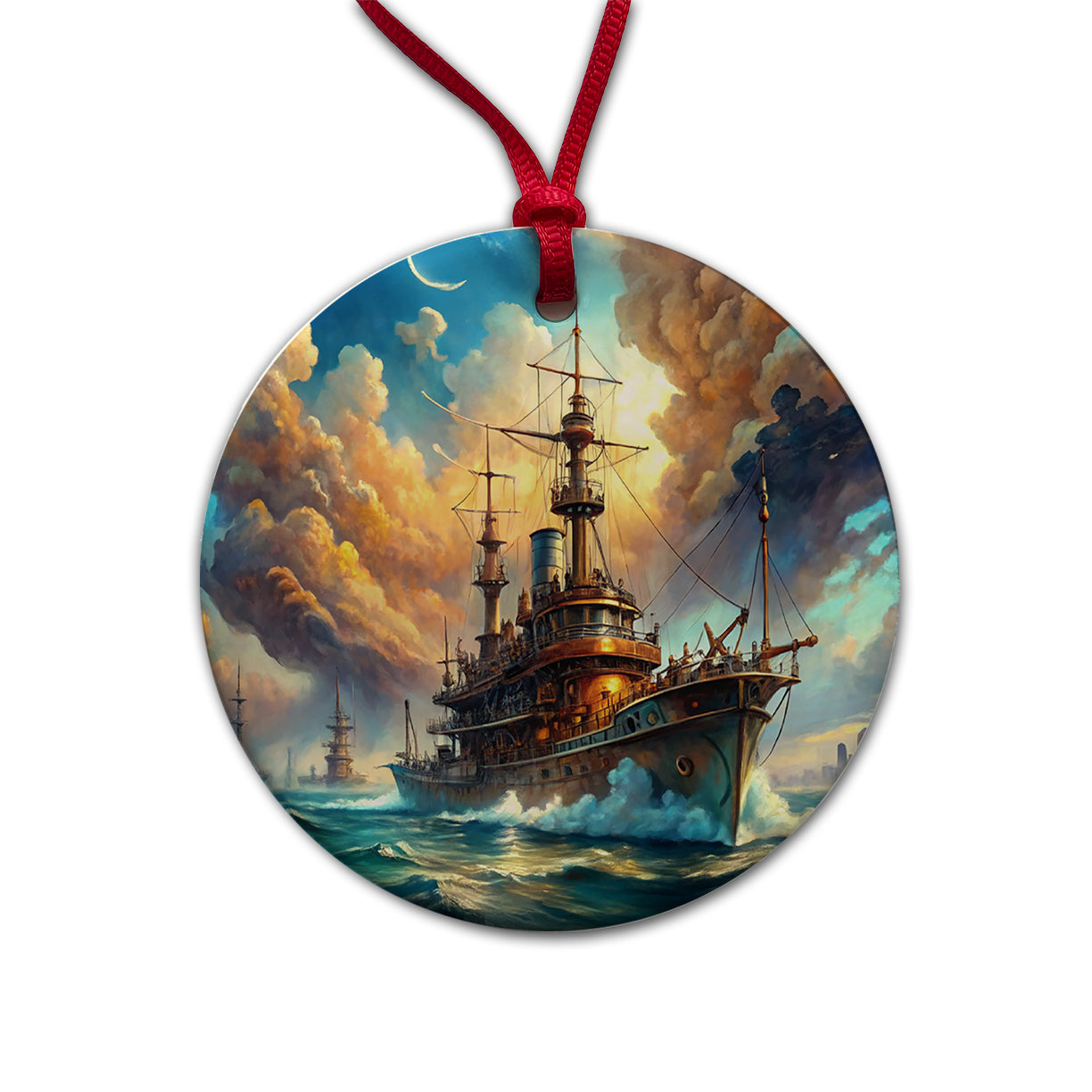 Steampunk Iron Warship Fantasy Sci-fi Watercolor Round Ceramic Holiday Christmas Tree Ornament