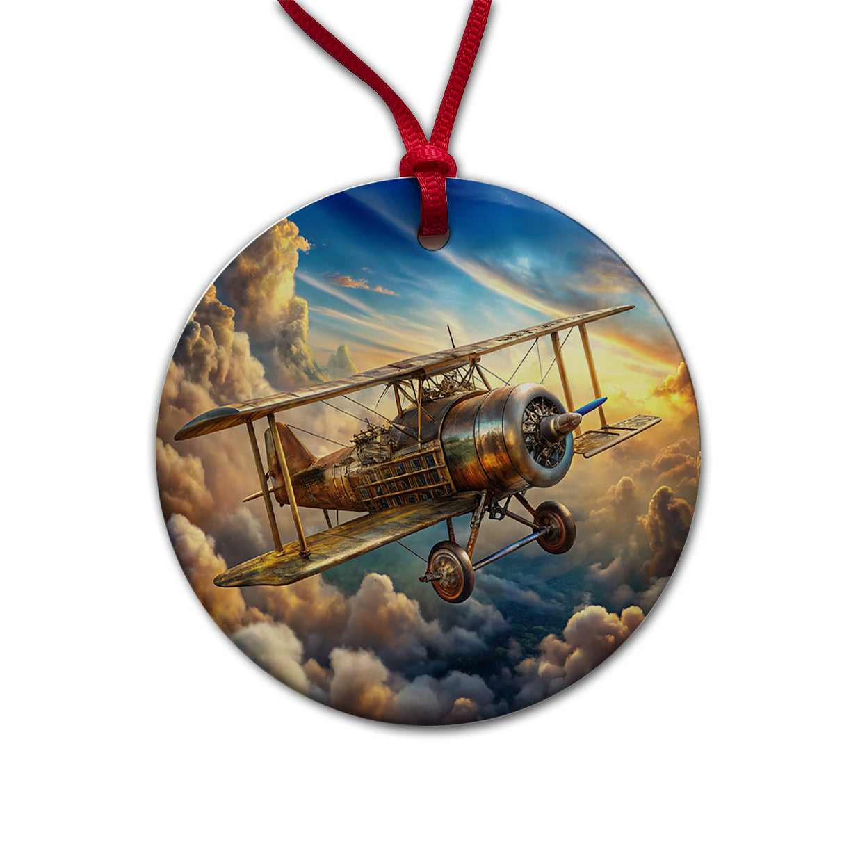 Steampunk Plane Airship in Cloudy Sky Fantasy Sci-fi Round Ceramic Holiday Christmas Tree Ornament