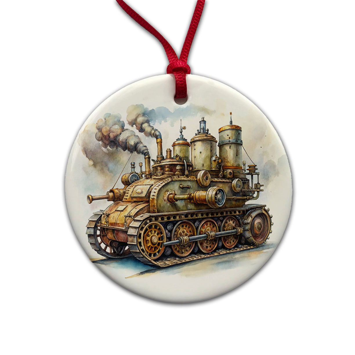 Steampunk Steam Engine Tank Fantasy Sci-fi Round Ceramic Holiday Christmas Tree Ornament