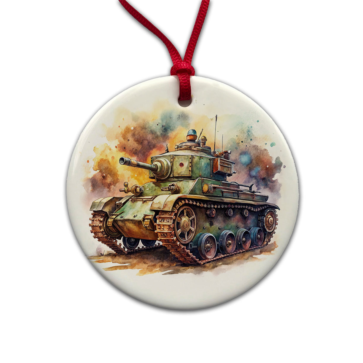 Steampunk Tank Fantasy Sci-fi Watercolor Round Ceramic Holiday Christmas Tree Ornament