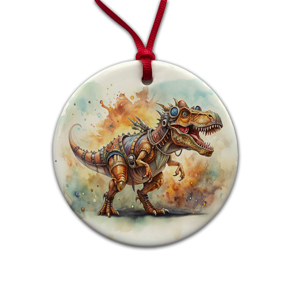 Steampunk T-Rex Dinosaur Fantasy Sci-fi Watercolor Round Ceramic Holiday Christmas Tree Ornament