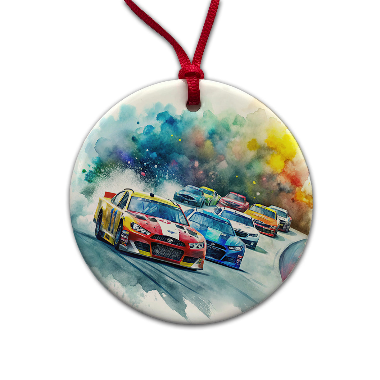 Stock Car Racing Watercolor Round Ceramic Holiday Christmas Tree Ornament