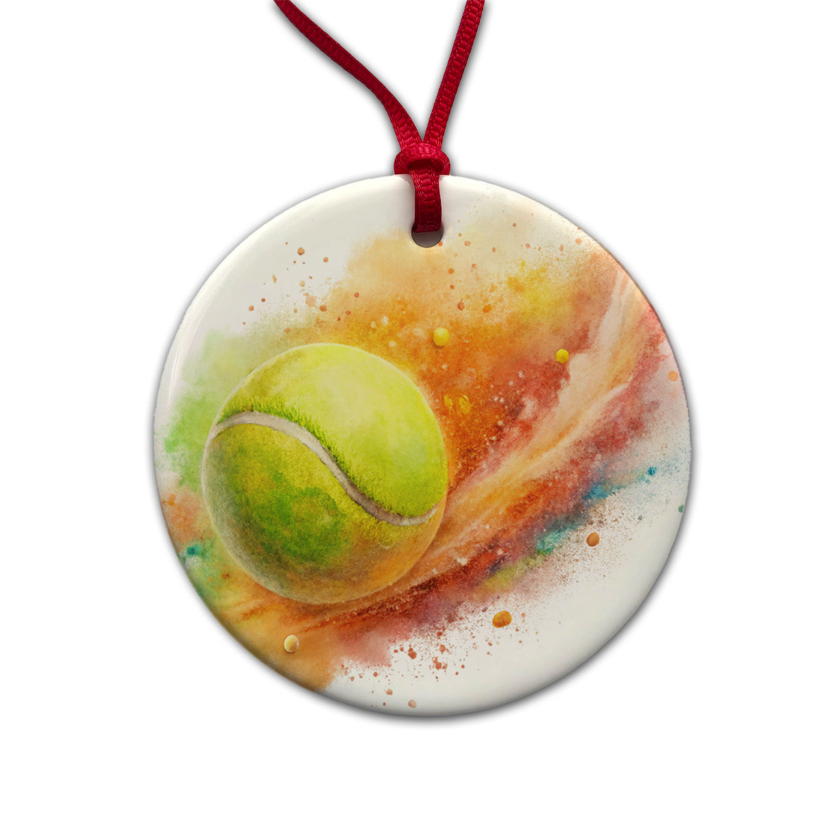 Tennis Ball Rocketing Through The Air Watercolor Round Ceramic Holiday Christmas Tree Ornament
