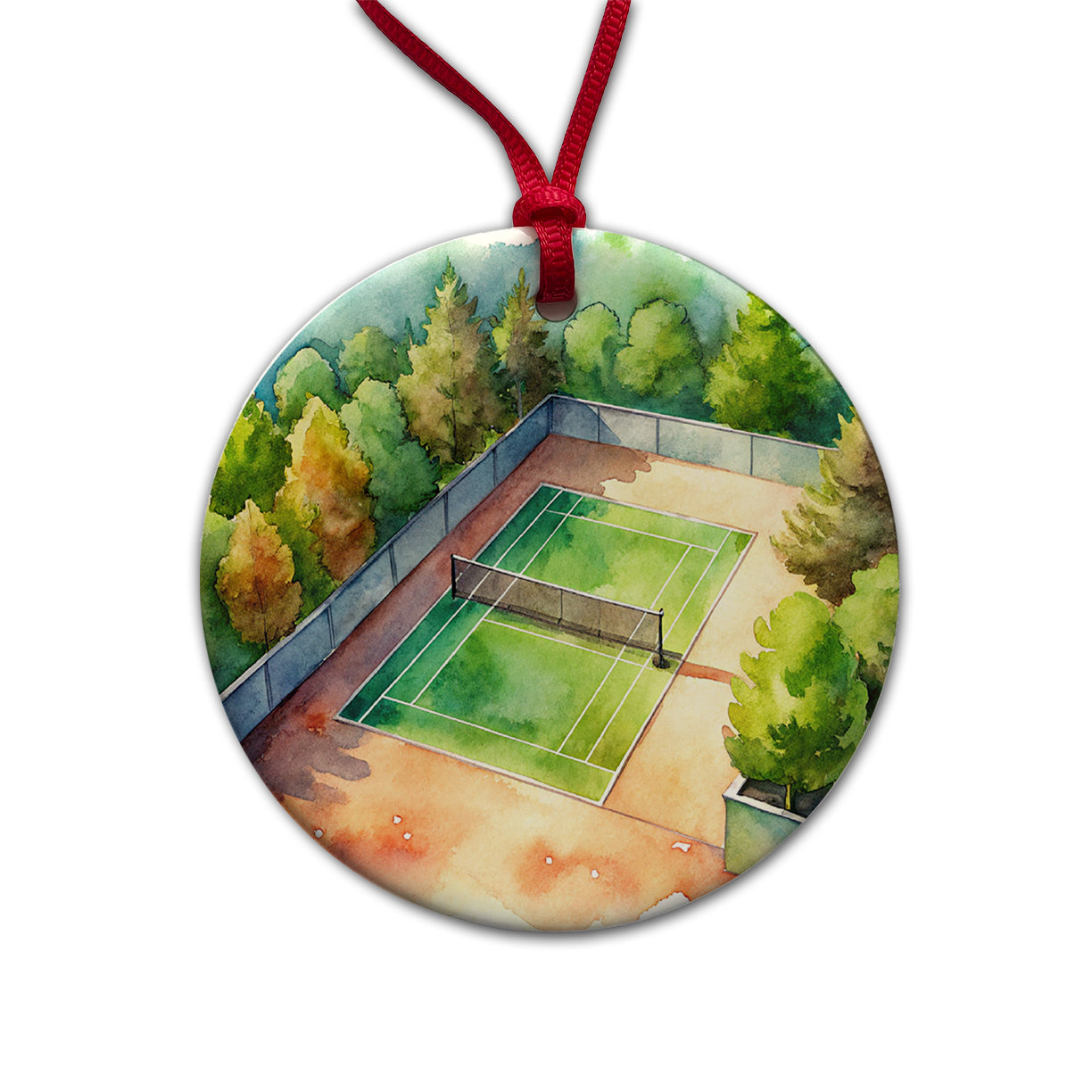 Tennis Court Watercolor Round Ceramic Holiday Christmas Tree Ornament