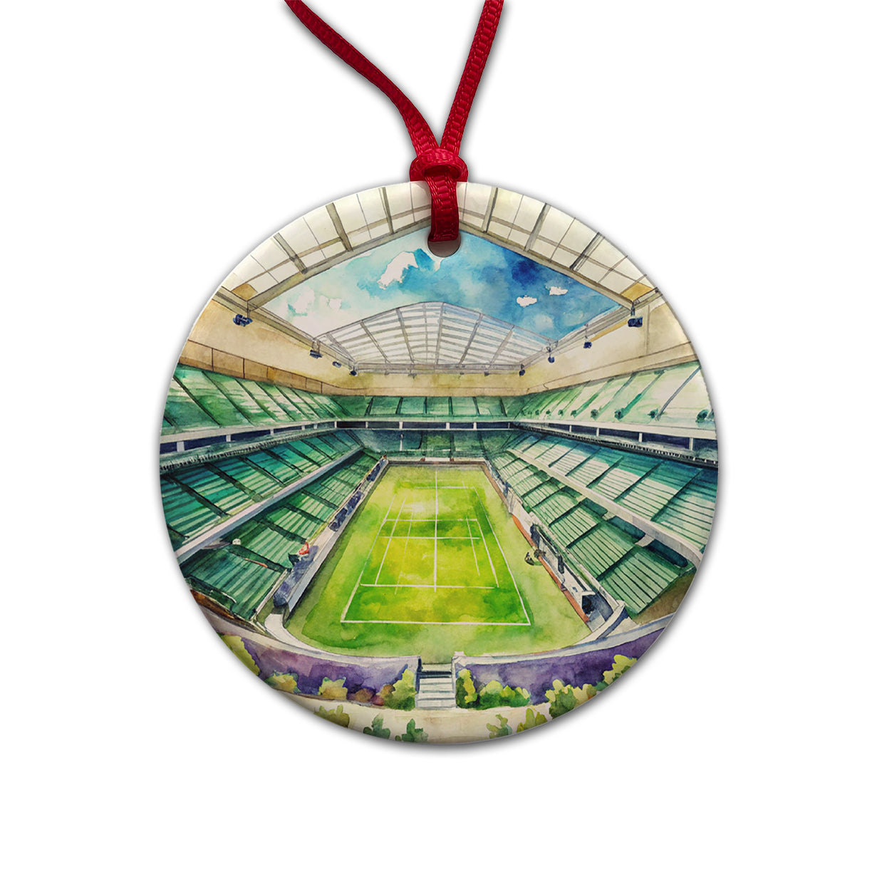 Tennis Stadium Center Court Watercolor Round Ceramic Holiday Christmas Tree Ornament