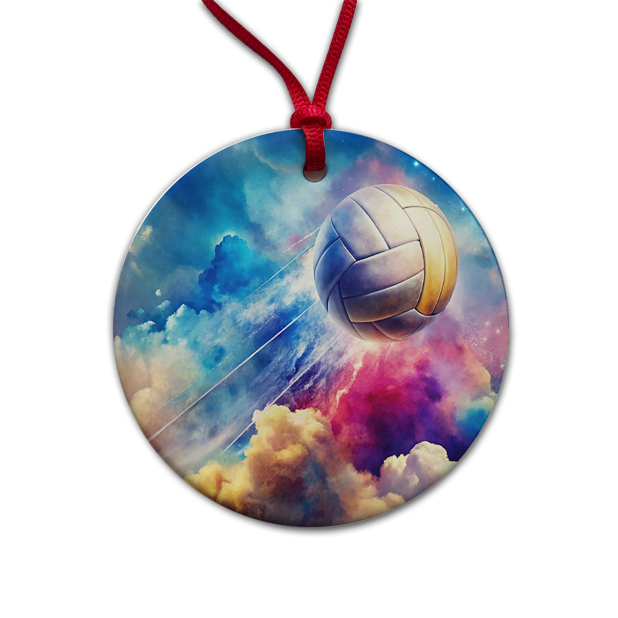 Volleyball Ball Rocketing Through The Sky Watercolor Round Ceramic Holiday Christmas Tree Ornament