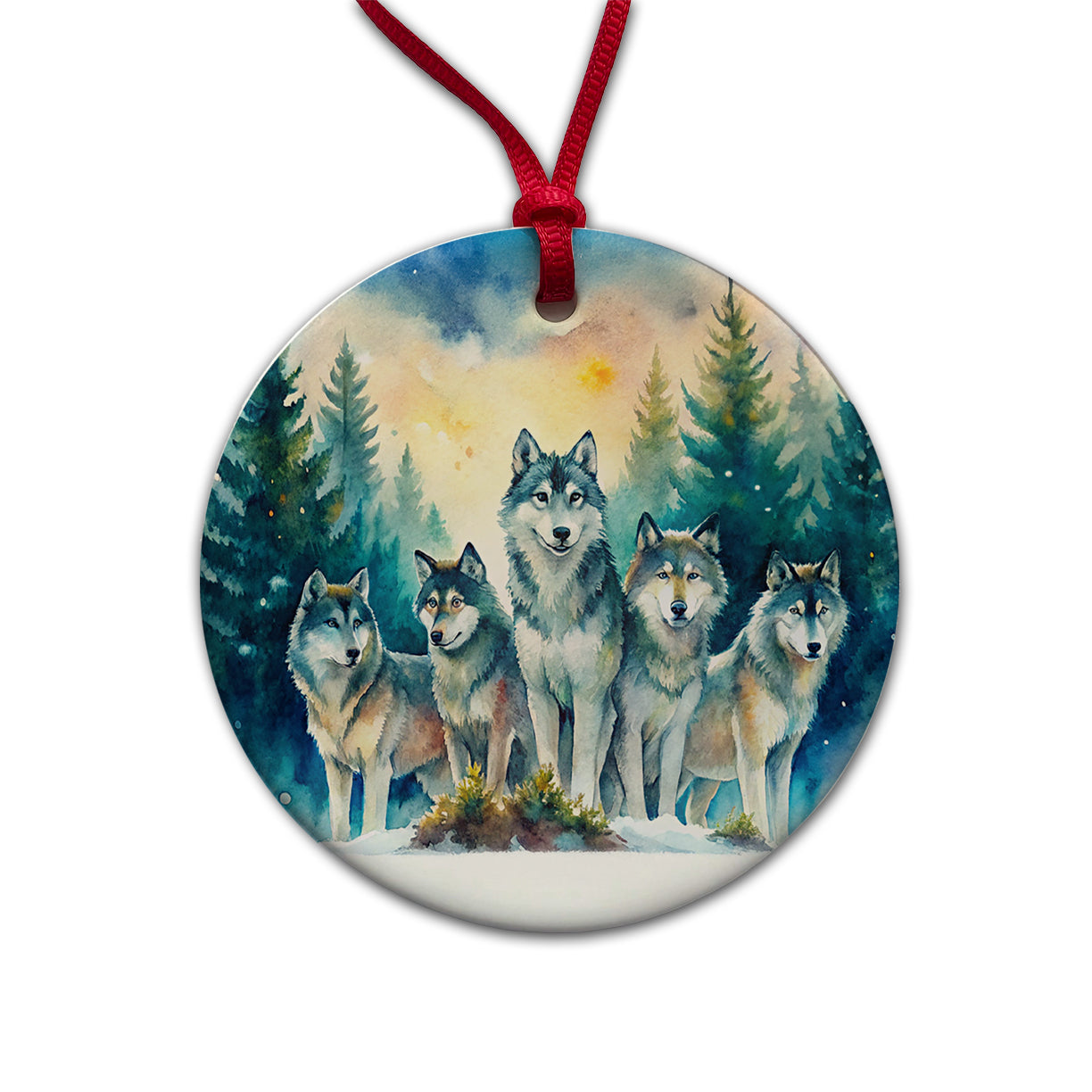 Wolfpack Snowy Forest Wolf Scene Watercolor Round Ceramic Holiday Christmas Tree Ornament