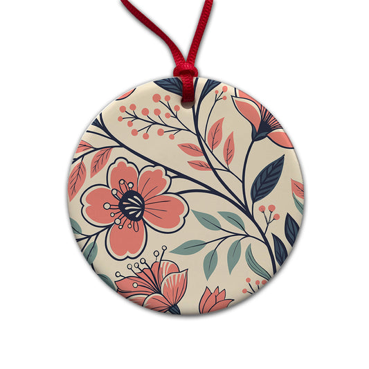 Beautiful Vine Flowers Round Ceramic Holiday Christmas Tree Ornament