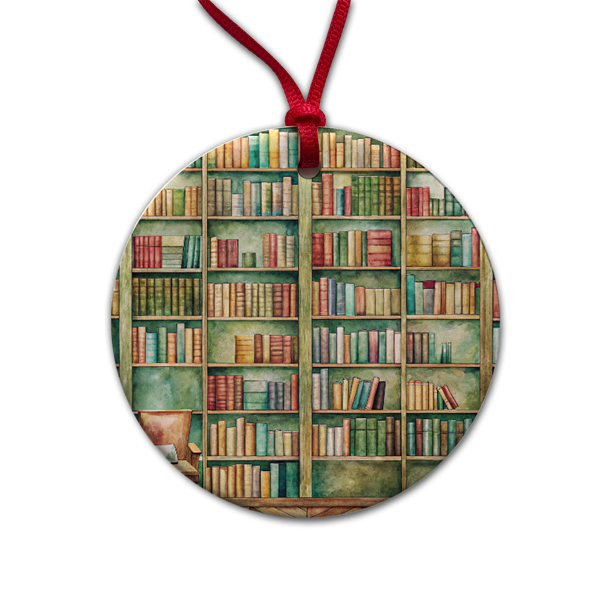 Books Bookshelves In Library Reading Reader Round Ceramic Holiday Christmas Tree Ornament