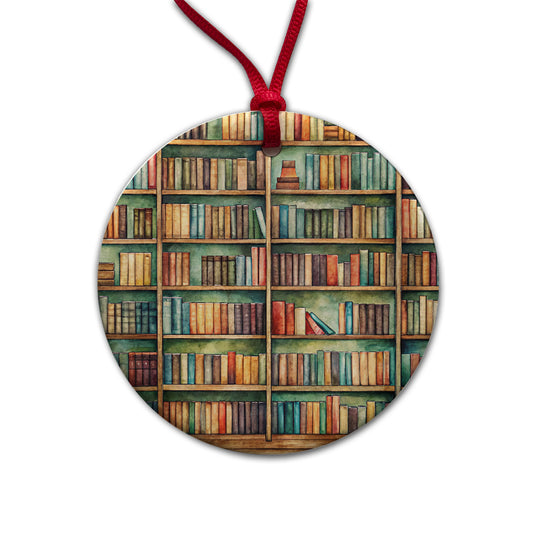 Bookshelves Library Reading Reader Books Round Ceramic Holiday Christmas Tree Ornament